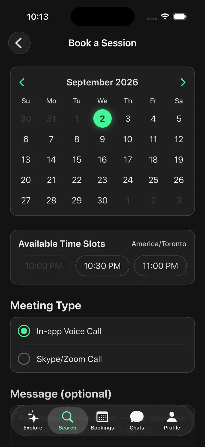 The Book a Session screen in the ClickMe iOS app: a September calendar with the 2nd selected, available time slots of 10:30 PM and 11:00 PM in America/Toronto with 10:00 PM already taken, and a meeting type choice between In-app Voice Call and Skype/Zoom Call.