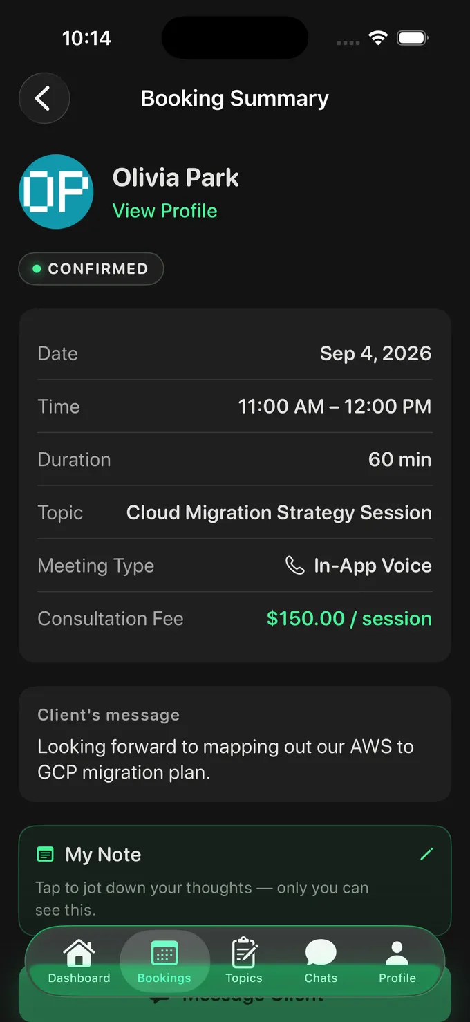 A confirmed booking summary in the ClickMe iOS app: Sep 4 2026, 11:00 AM to 12:00 PM, 60 minutes, topic Cloud Migration Strategy Session, meeting type In-App Voice, consultation fee CA$150 per session.