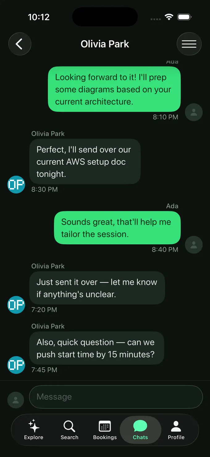 A message thread in the ClickMe iOS app with Olivia Park, where the expert and client trade notes and agree on a start time before the session.