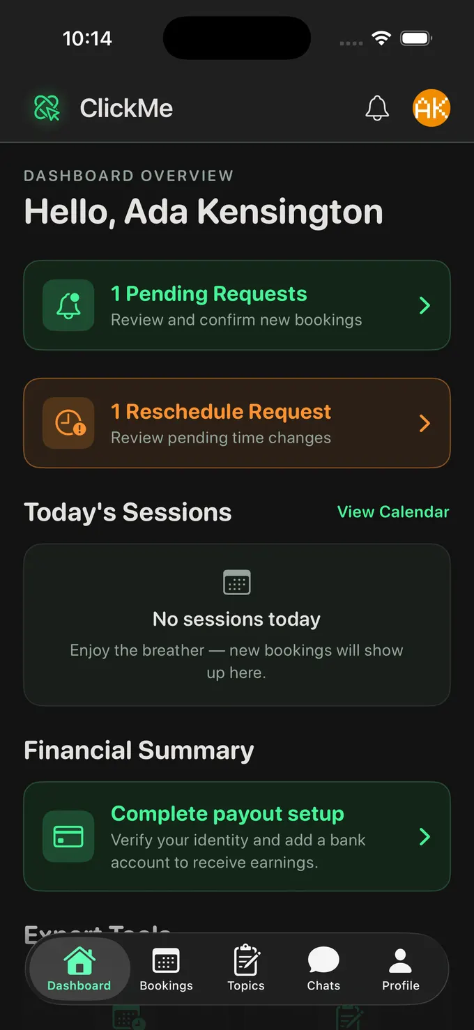 The expert dashboard in the ClickMe iOS app, showing one pending booking request, one reschedule request, today's sessions, and a prompt to complete payout setup.
