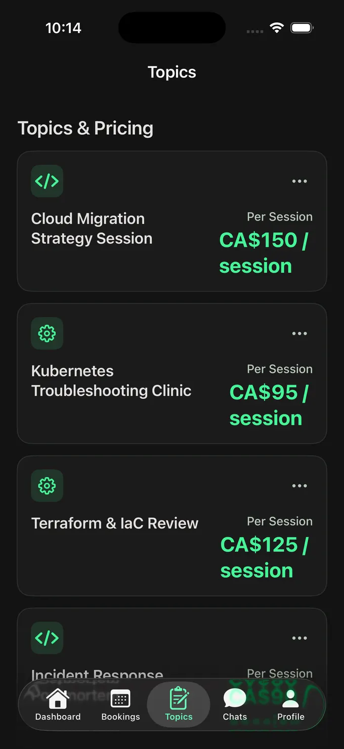 An expert's Topics & Pricing list in the ClickMe iOS app: Cloud Migration Strategy Session at CA$150 per session, Kubernetes Troubleshooting Clinic at CA$95, and Terraform & IaC Review at CA$125.