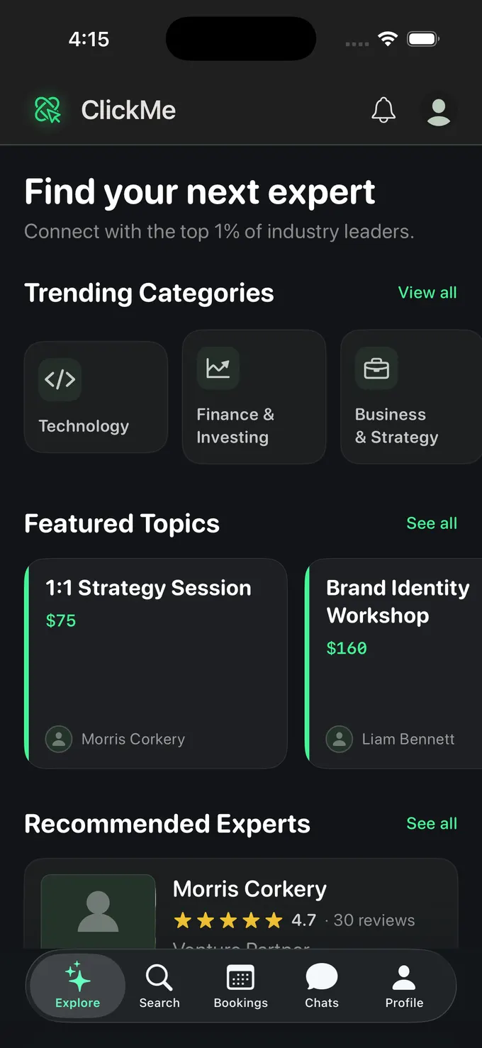 The Explore tab in the ClickMe iOS app, headed "Find your next expert": trending categories for Technology, Finance & Investing and Business & Strategy, featured topics priced at $75 and $160, and a recommended expert rated 4.7 across 30 reviews.