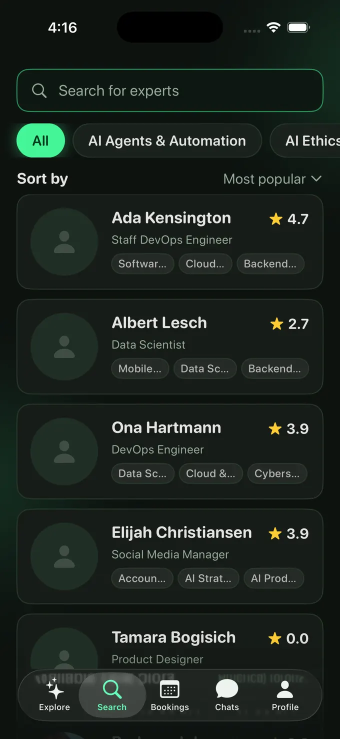 Expert search in the ClickMe iOS app: a "Search for experts" field, category filter pills for AI Agents & Automation and AI Ethics, a "Sort by most popular" control, and a list of experts with their job titles, expertise tags and star ratings.